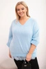 Women's set with a V-neck sweater and a viscose blouse with a lace bottom blue