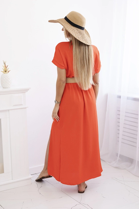 Long dress with a decorative belt dark orange
