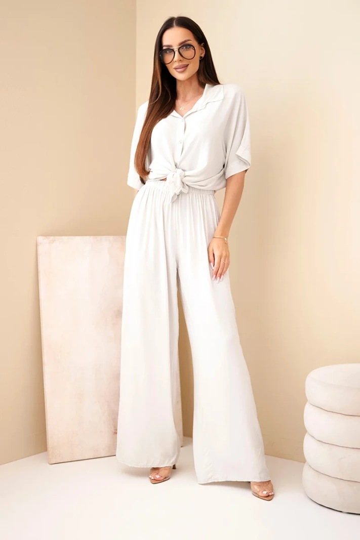Women's viscose shirt set with wide-leg trousers beige