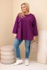Plus Size women's blouse with cotton, pocket, and rolled-up sleeve dark purple