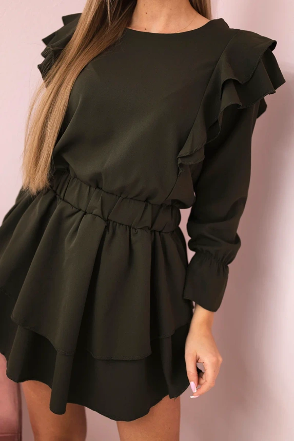Dress with vertical flounces khaki