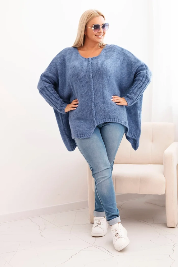 Sweter damska Plus Size z akrylem o luźnym kroju i rękawem 3/4 jeansowy
