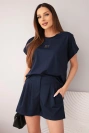 Women's lyocell set with blouse and pleated shorts navy blue