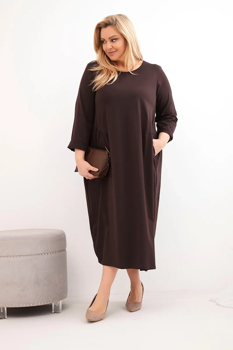 Sukienka damska Plus Size bawełniana z długim rękawem i marszczeniem w talii brązowa