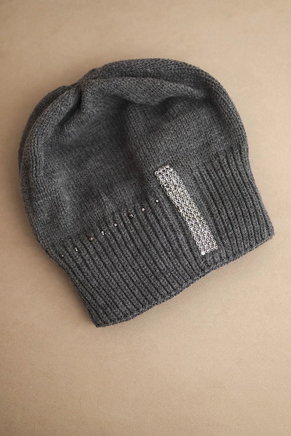 Women's winter wool hat with rhinestones K453 graphite