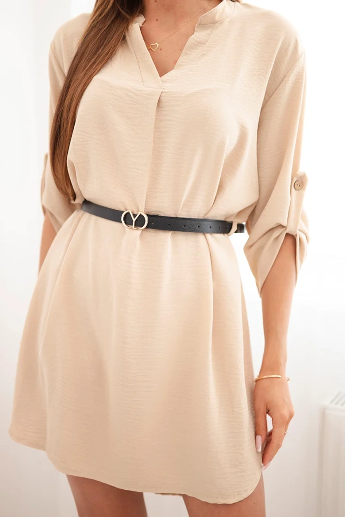 Dress with a longer back and belt dark beige