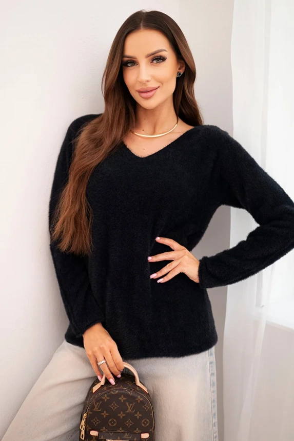 Damenpullover aus weichem Strick mit V-Ausschnitt schwarz