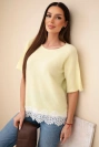 Women’s short-sleeve sweater with lace yellow