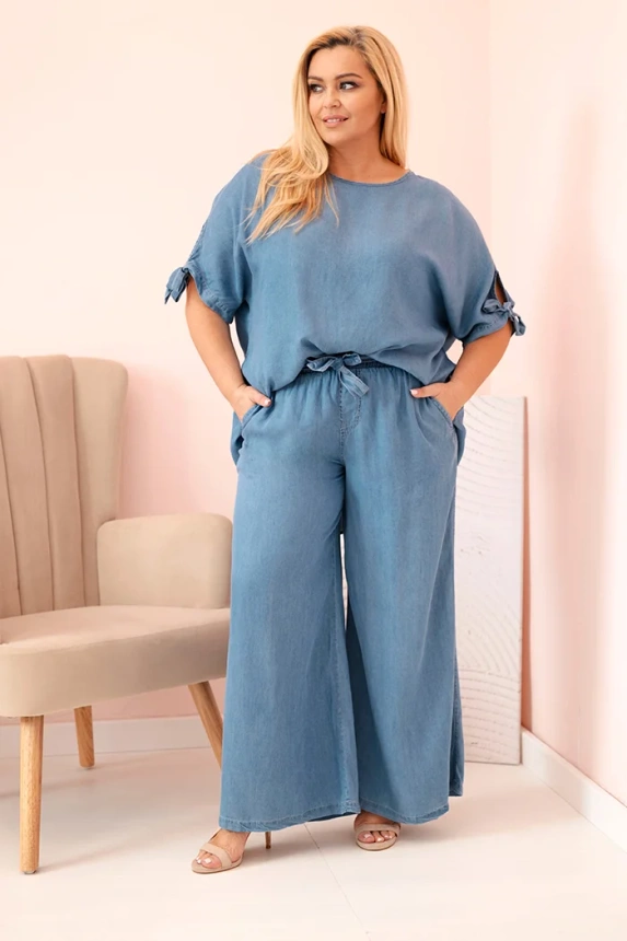Plus Size women's set made of Tencel, tie-front blouse and wide-leg pants denim 