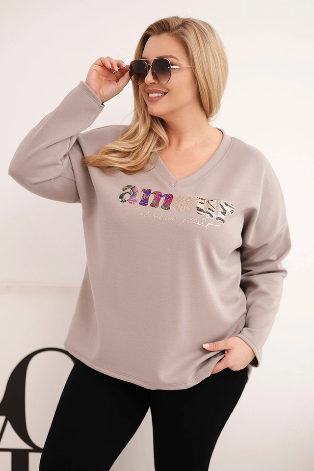 Bluza damska Plus Size z napisem i dekoltem V fango