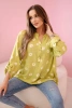 Linen Women's Blouse with Floral Pattern, Long Sleeves, and Buttons kiwi