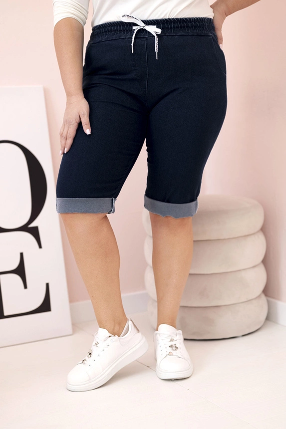 Plus Size women's cotton shorts with tie navy blue