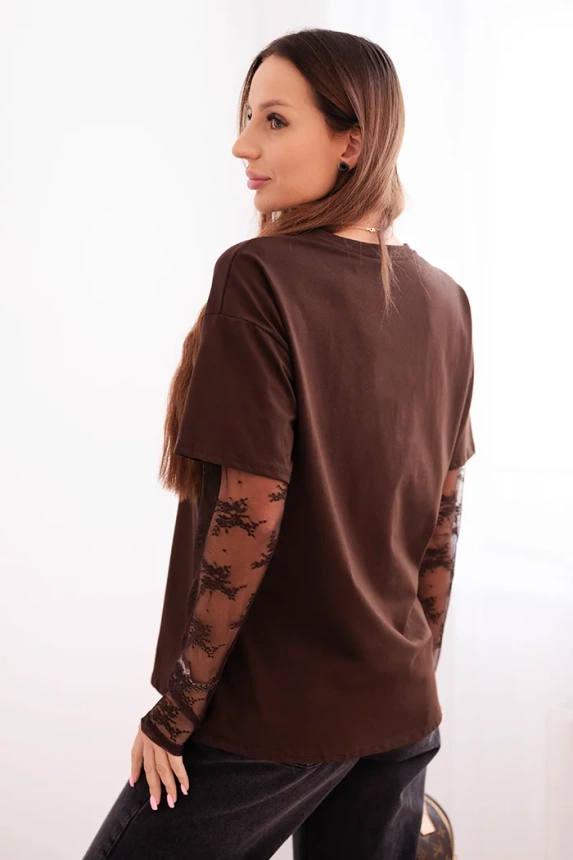 Women's cotton blouse with lace sleeves brown