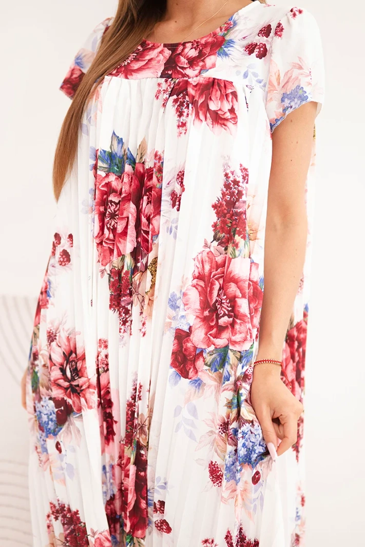 Women's viscose floral dress with short sleeves and pockets plum