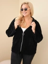Moteriškas Plus Size veliūrinis džemperis su gaubtu ir užtrauktuku oversize juoda