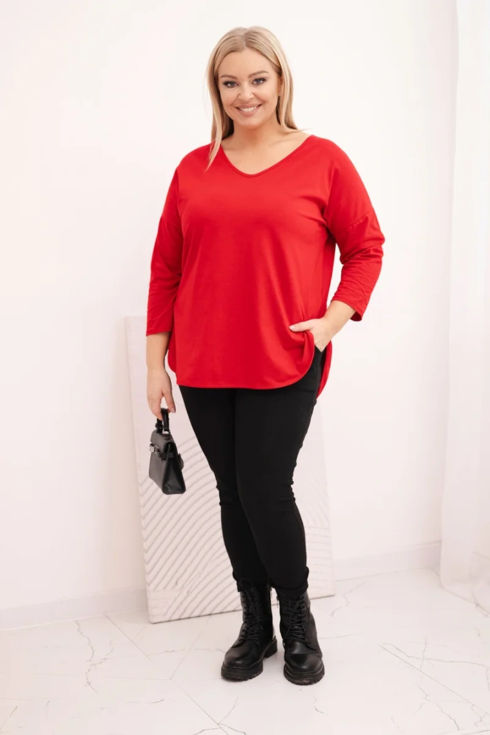 Dámská bavlněná blůza Plus Size s výstřihem do V a ohrnutým rukávem červená