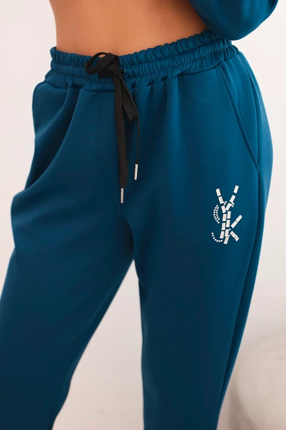 Women's set with viscose, decorated and with elastic trousers, teal