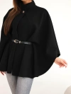 Dámske pončo s pásom a vysokým golierom plná čierna
