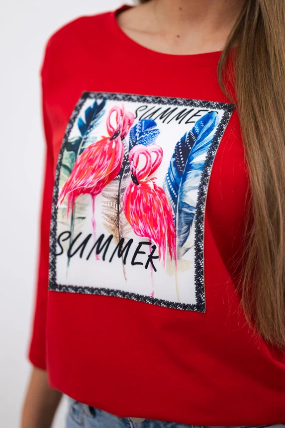Blouse with flamingo graphics 3D red