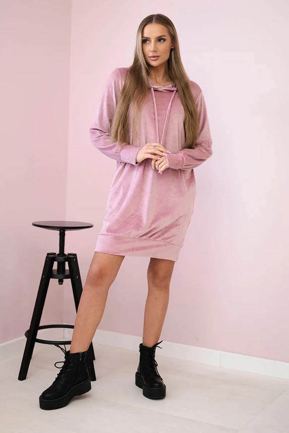 Velourskleid mit Kapuze dunkelrosa