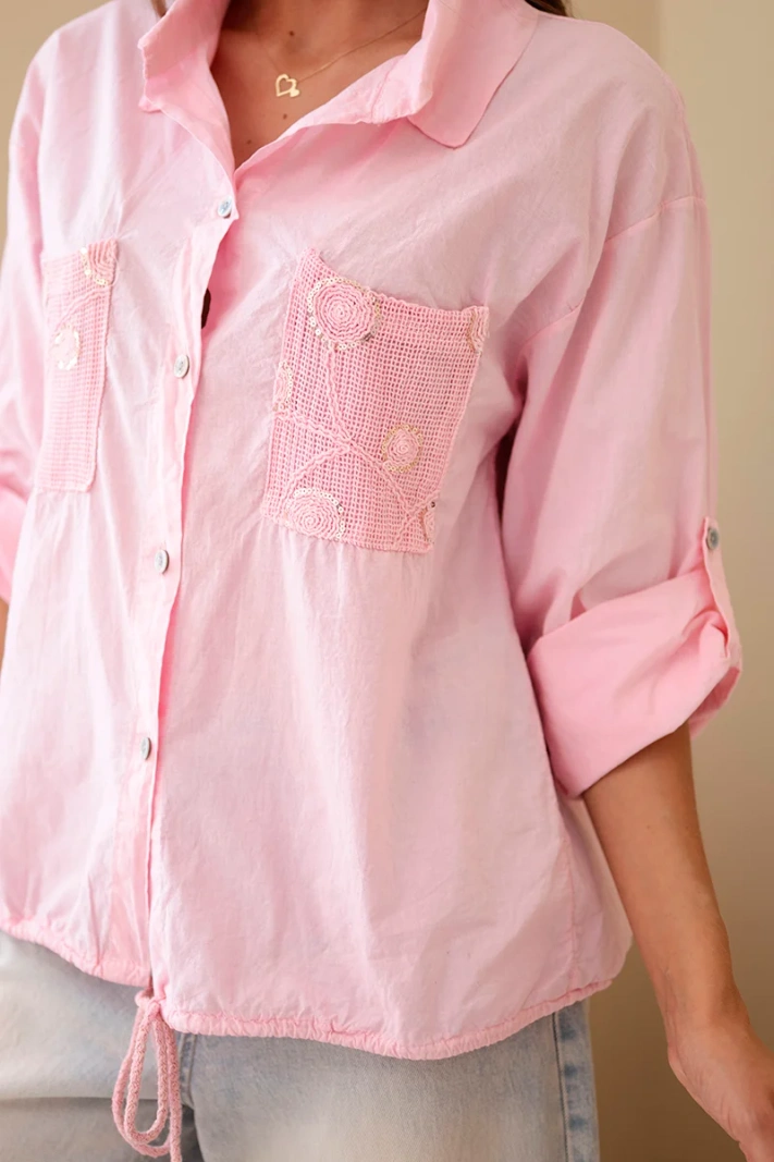 Women's cotton shirt with adjustable hem and pockets candy pink