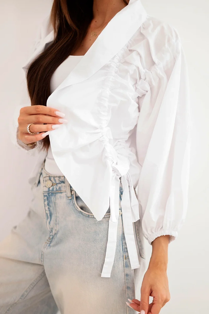 Women's cotton cover-up with ruching and tie white