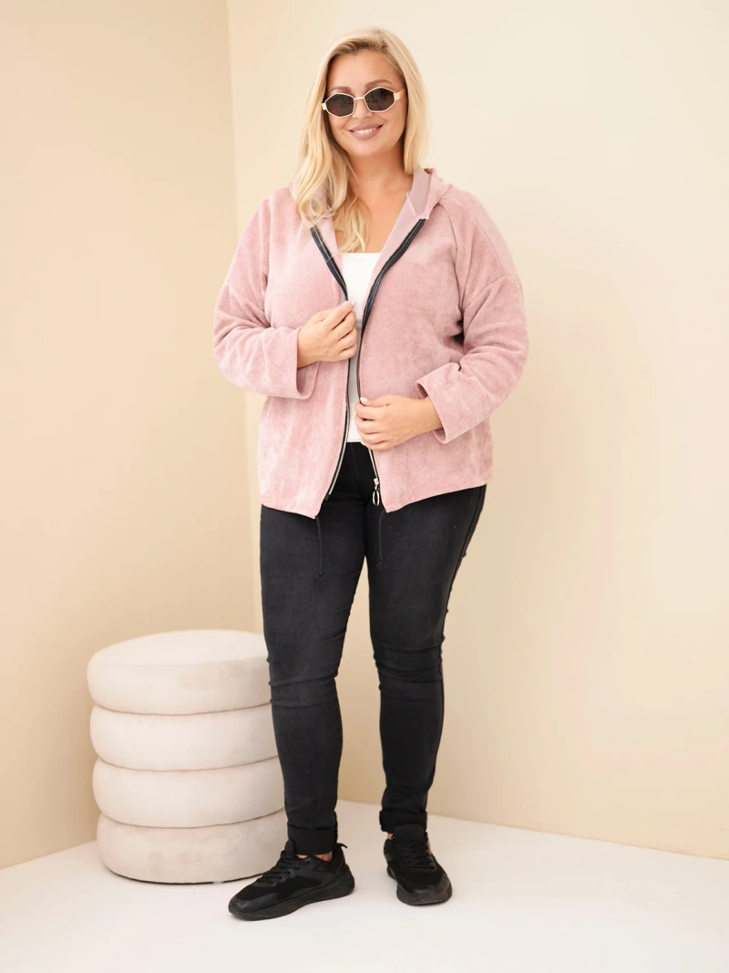 Dámska mikina Plus Size manšestrová s kapucňou a zipsom oversize tmavý pudrový ružový