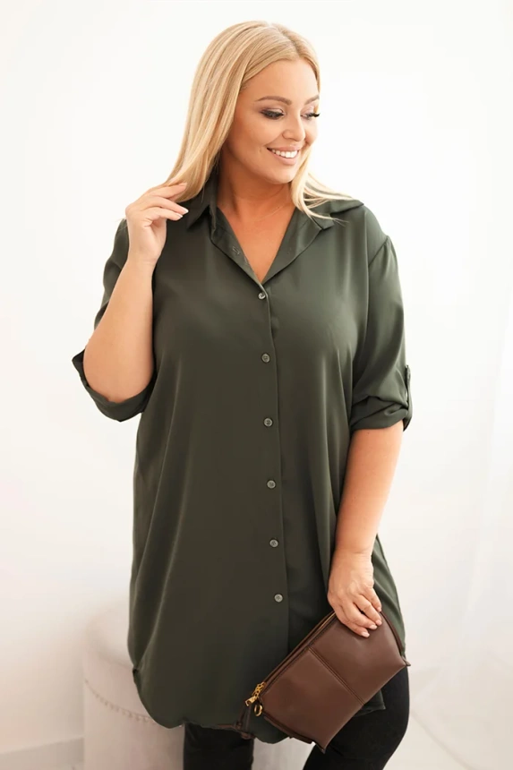 Dámska košulová sukňa Plus Size s dlhším zadným dielom a podhodeným rukávom khaki