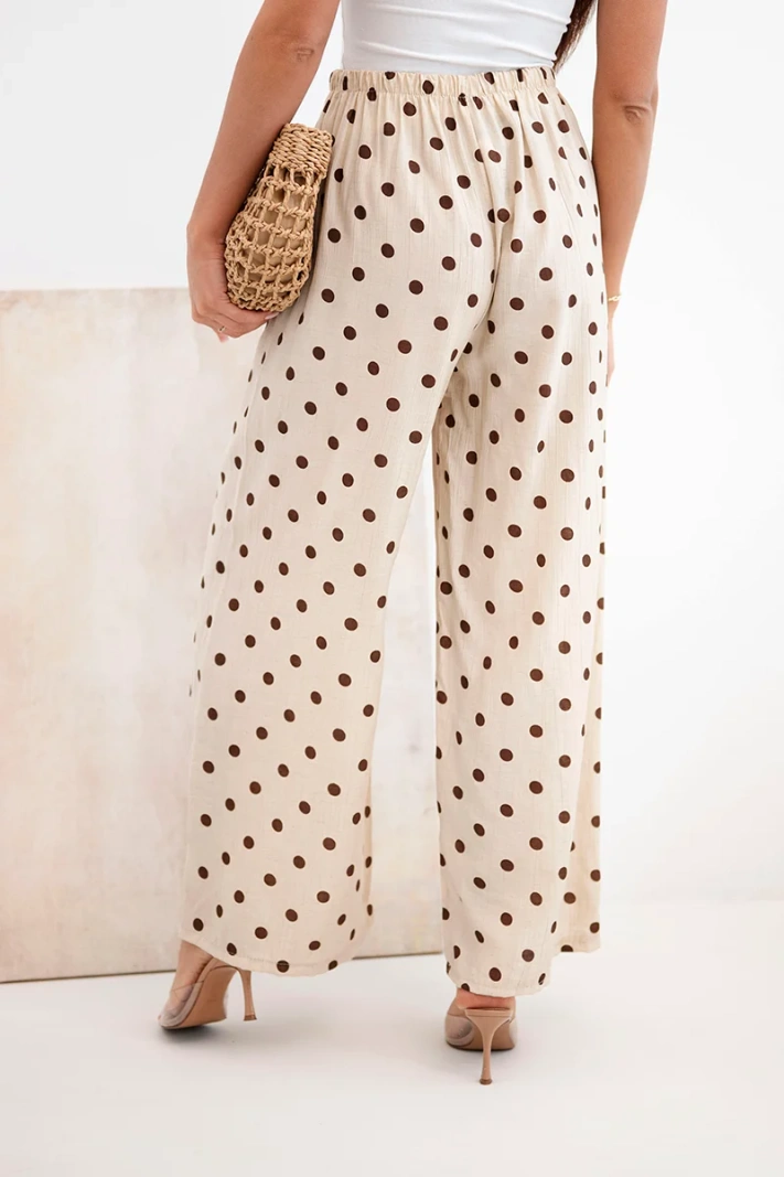 Women’s wide-leg polka dot summer trousers with elastic waistband beige