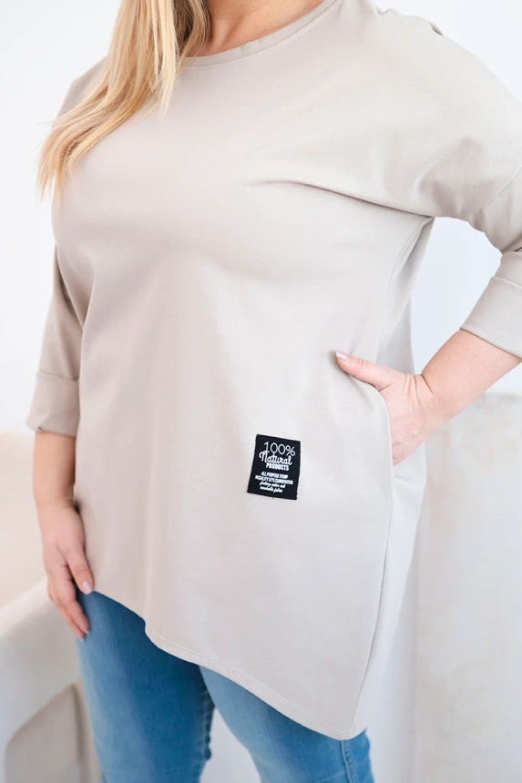 Dámská blůza Plus Size s delším zadním dílem a dlouhým rukávem tmavě béžová