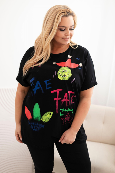 Dámská bavlněná halenka Plus Size s barevným potiskem černý
