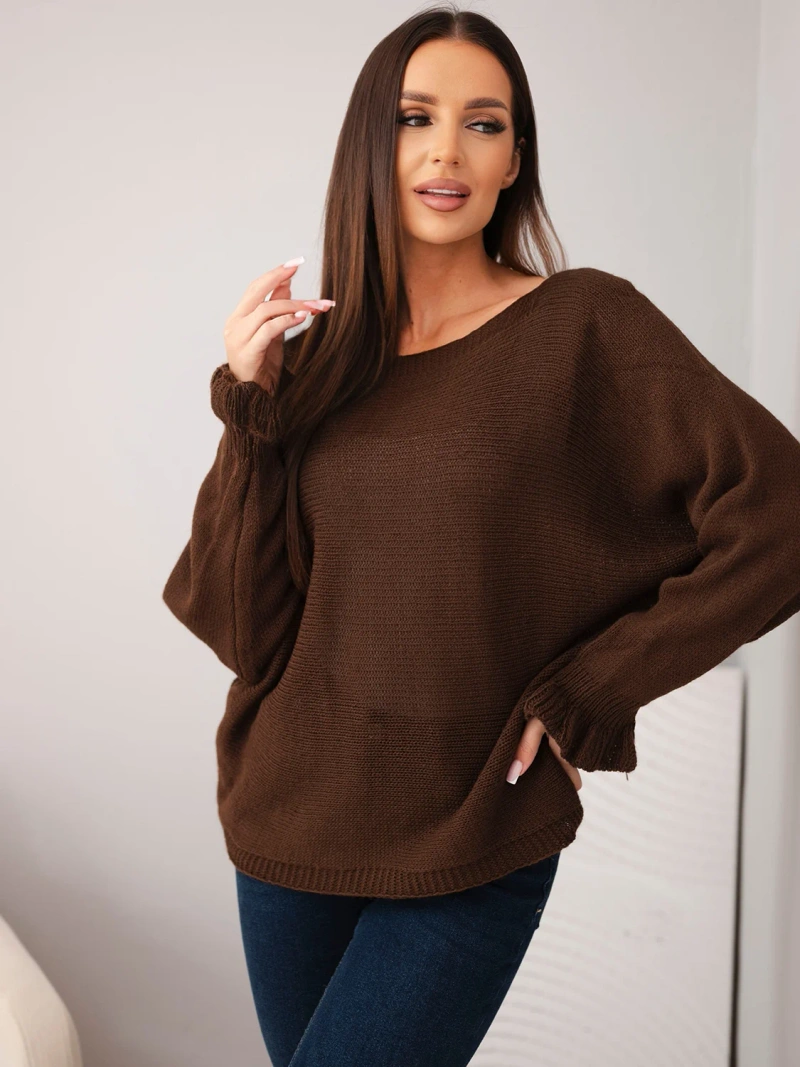 Women's mohair sweater with ruched sleeves and back cutout chocolate