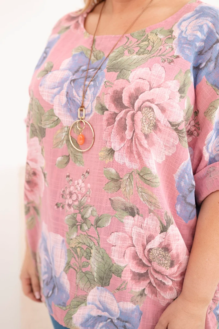 Dámska bavlnená blúzka Plus Size s krátkym rukávom a kvetinovým vzorom tmavoružová