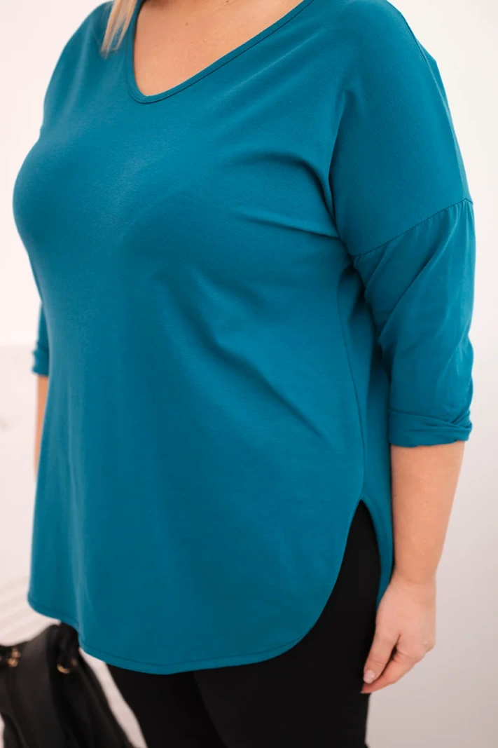 Women's cotton Plus Size blouse with a V-neck and rolled-up sleeves sea green
