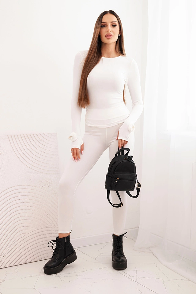 Komplet damska z prążkowanej wiskozy z długim rękawem i legginsami ecru