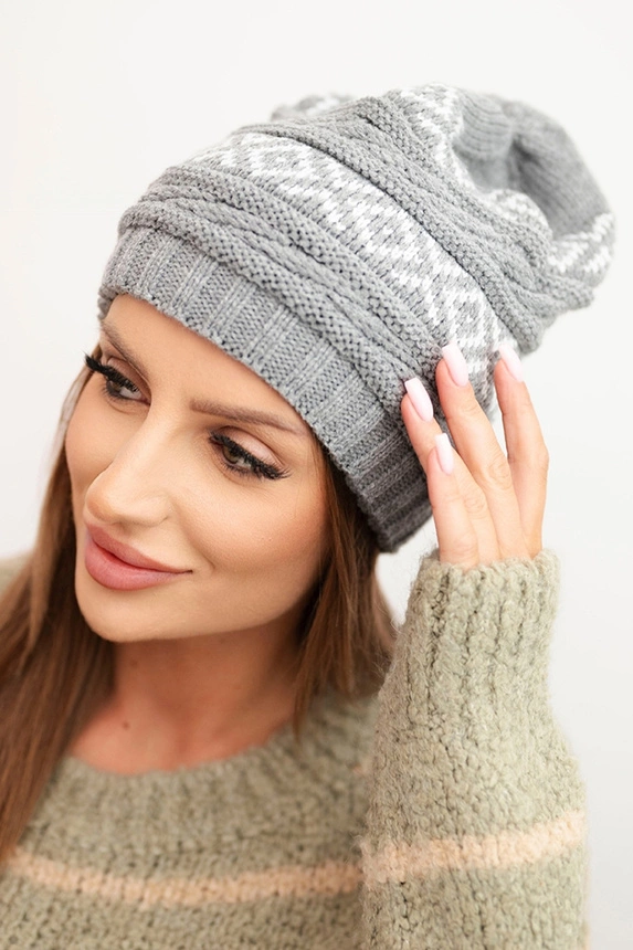 Women's winter hat with pattern and wool K425 gray