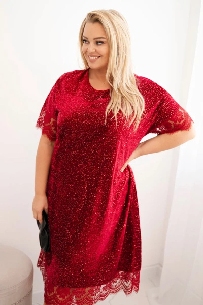 Sukienka damska Plus Size z cekinami i koronkowym wykończeniem bordowa