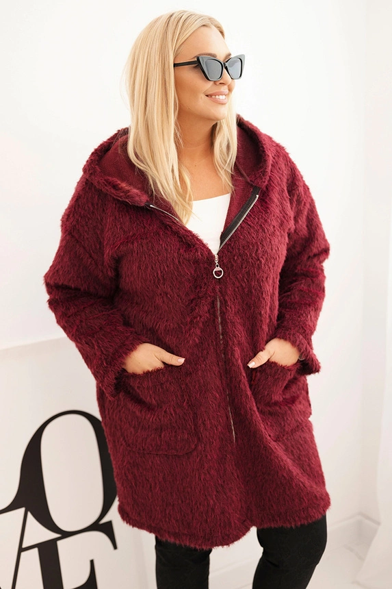 Moteriškas Plus Size paltas iš viskozės su užtrauktuku ir gobtuvu slyvų