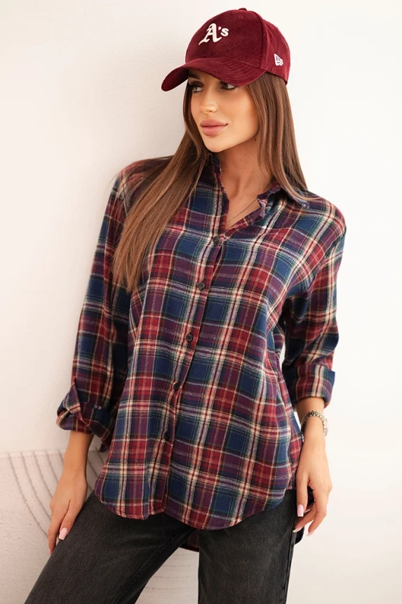 Women's cotton plaid shirt with a longer back navy