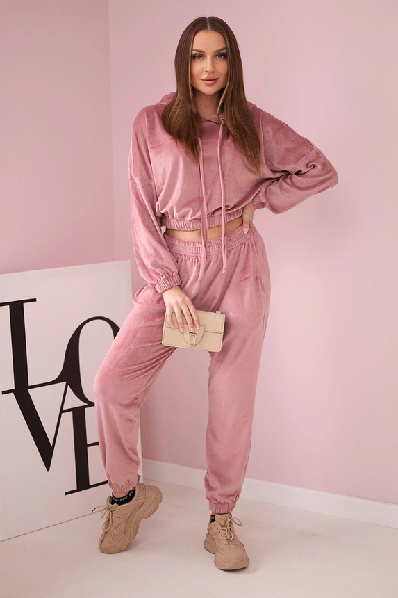 Velor set with hood dark powdered pink