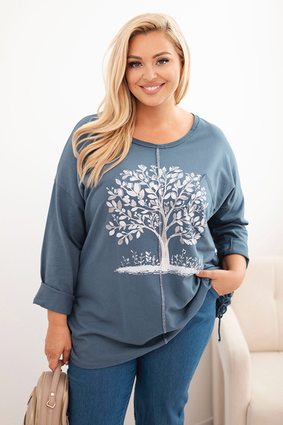 Bluza damska Plus Size bawełniana z nadrukiem drzewa jeansowa