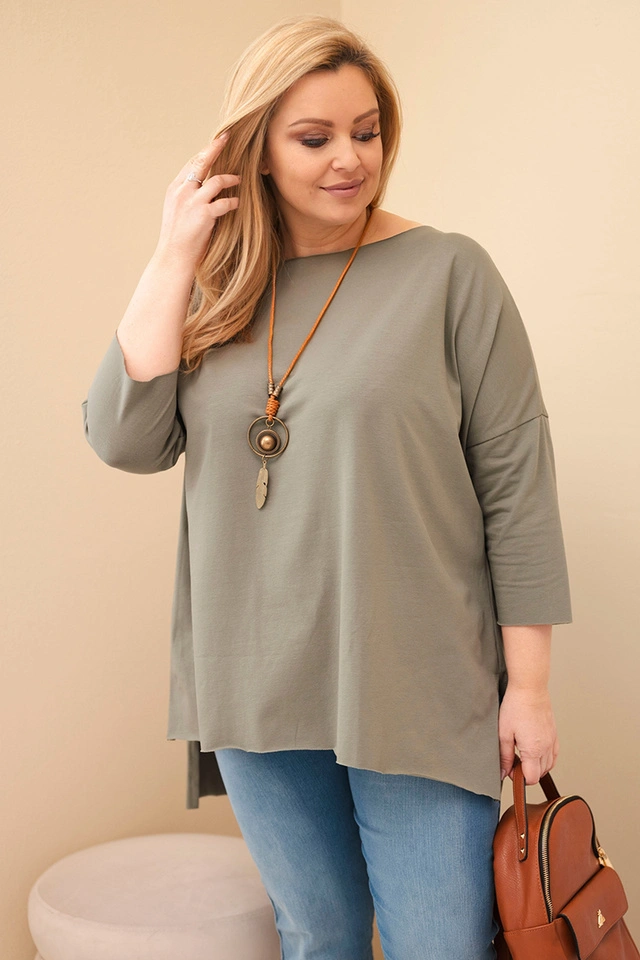 Bluzka damska bawełniana Plus Size asymetryczna z naszyjnikiem khaki