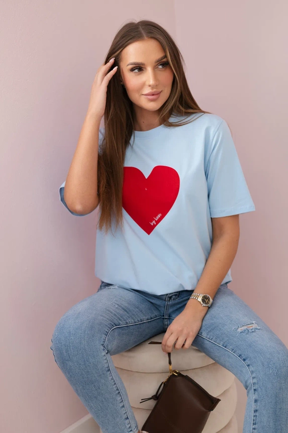 Cotton blouse with a heart print blue