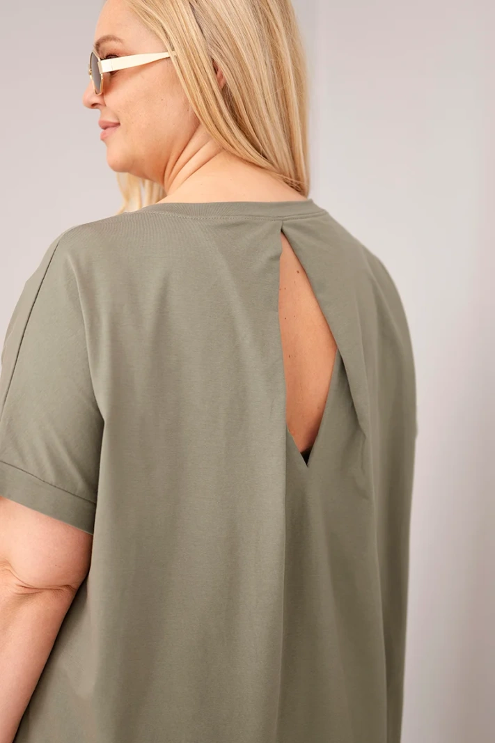 Dámská halenka Plus Size bavlněná s krátkým rukávem khaki