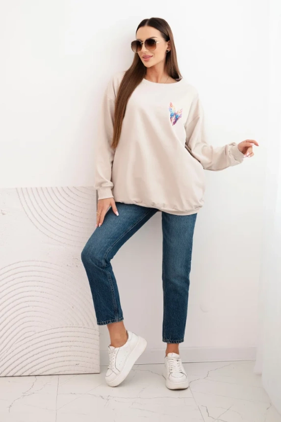 Women's oversized cotton sweatshirt with colorful wings on the back beige
