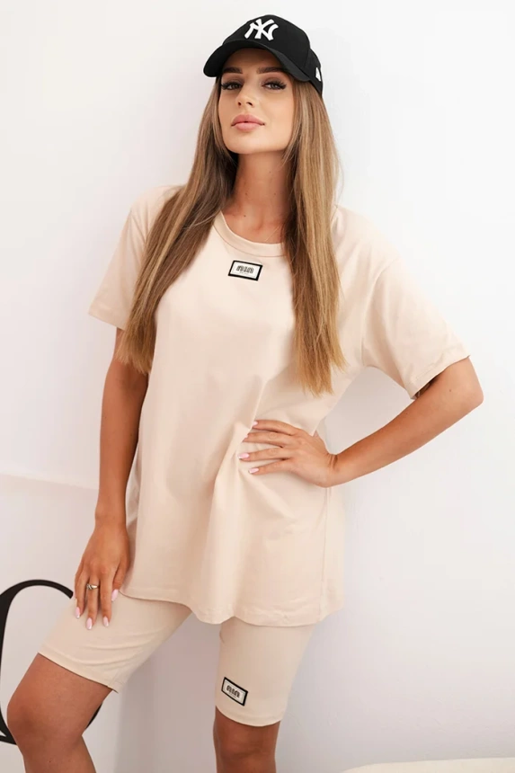 Women's cotton set with short sleeves and shorts beige