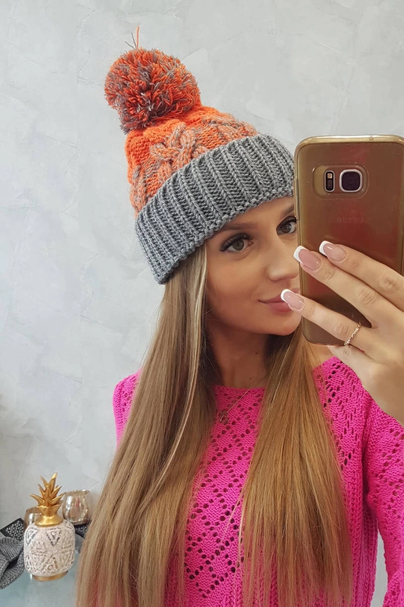 Dámska čiapka s pomponom Abigail K326 sivá+oranžová neónová