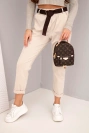 Women's cotton pants with a belt and rolled cuffs beige
