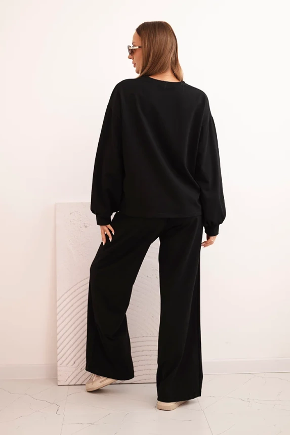 Women's cotton set with wide legs and long sleeve sweatshirt black