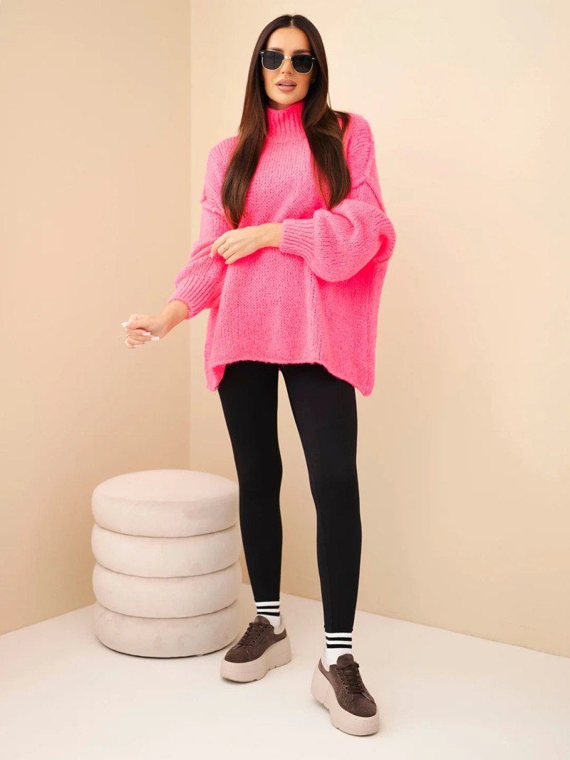 Women's oversized sweater with wool blend, turtleneck and wide sleeves pink neon